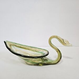 Vintage 60s Green Yellow Clear Swirl Art Glass Hand Blown Murano Style Swan